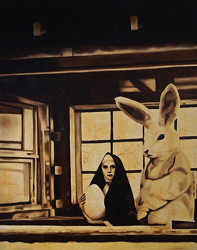 Enigmatic Oil Painting: Nun and Giant Bunny in Sepia. par Daheaven Art, Peinture en vente sur Singulart