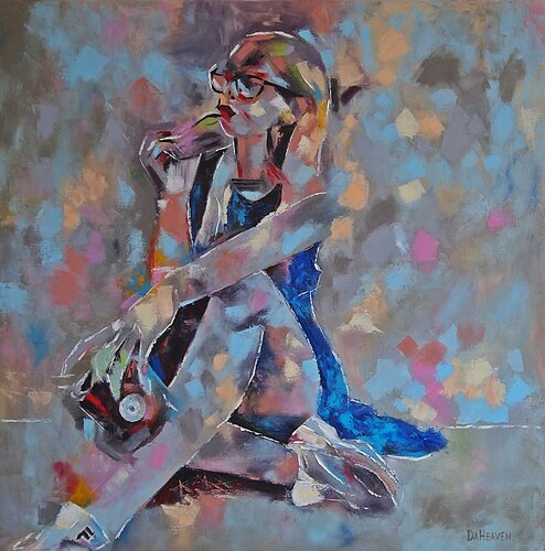 Vibrant Visionary - Colorful Impressionistic Oil Painting of Seated Woman. von Daheaven Art, Malerei kaufen auf Singulart