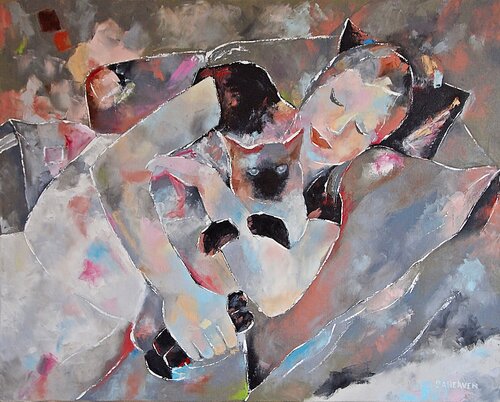 Abstract Oil Painting of Woman Embracing Cat. de Daheaven Art, Pintura a la venta en Singulart