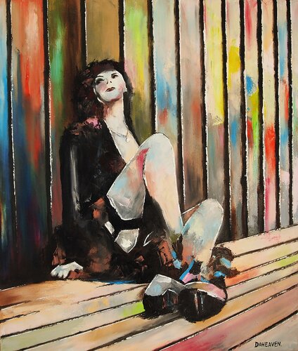 Sensual Woman Sitting on Wooden Floor. di Daheaven Art, Pittura in vendita su Singulart