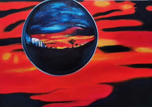 Red sunset abstract landscape oil painting. van Daheaven Art, Schilderij te koop op Singulart