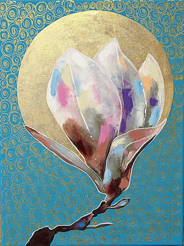 Colorful magnolia flower on the light blue background. van Daheaven Art, Schilderij te koop op Singulart