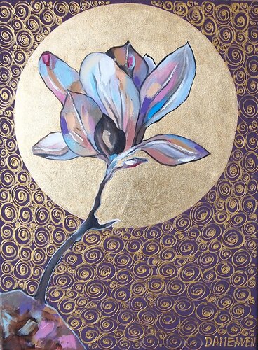 Colorful magnolia flower on the deep violet background. par Daheaven Art, Peinture en vente sur Singulart