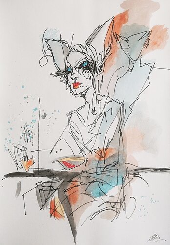 Cat Woman Line Drawing, Neutral Tones Art. van Daheaven Art, Tekening te koop op Singulart