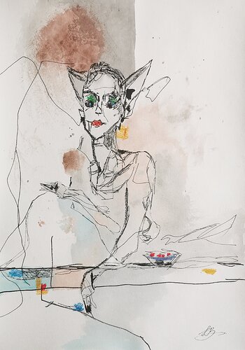 Mystical Feline Serenity, Cream Background Sketch. di Daheaven Art, Disegno in vendita su Singulart