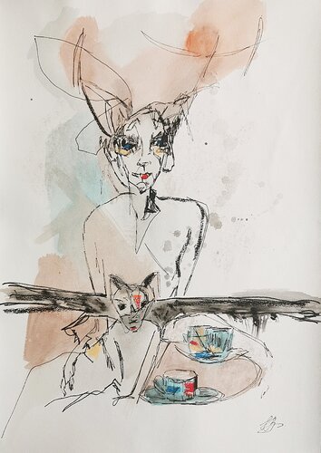 Ethereal Cat Lady Art, Muted Tones Portrait. di Daheaven Art, Disegno in vendita su Singulart
