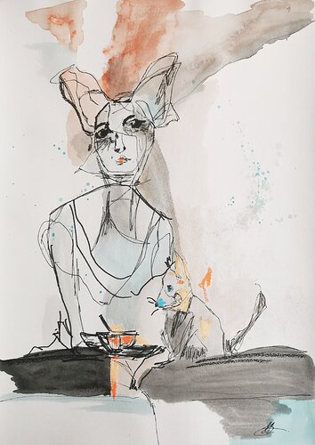 Tranquil Cat Lady Illustration, Neutral Tones. van Daheaven Art, Tekening te koop op Singulart