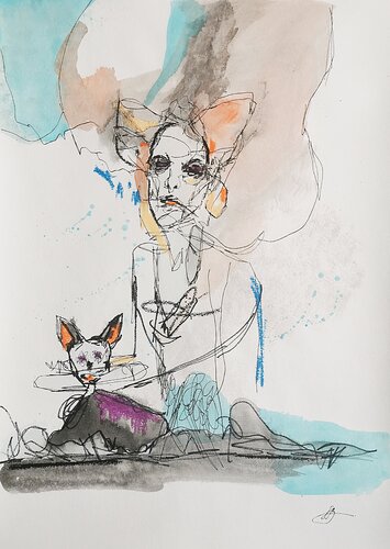 Surreal Cat Woman Portrait Muted Tones Sketch. di Daheaven Art, Disegno in vendita su Singulart