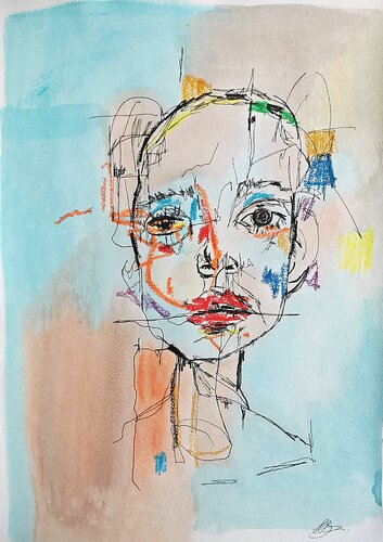 Abstract portrait sketch with colorful lines on a light blue background. di Daheaven Art, Disegno in vendita su Singulart