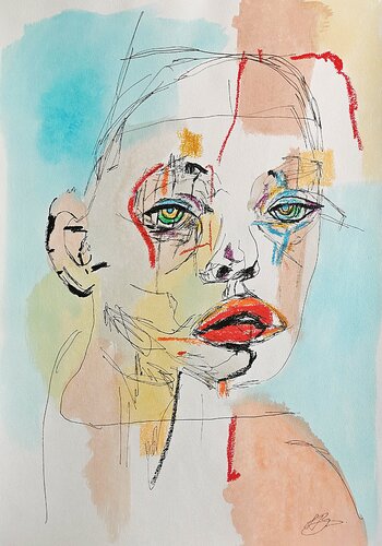 Soft lines and acrylic woman portrait with emotional expressions. van Daheaven Art, Tekening te koop op Singulart