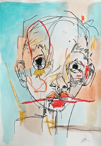 Minimalist line drawing of a face with pastel highlights. de Daheaven Art, Dibujo a la venta en Singulart