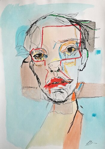Expressive lines in an abstract portrait against soft blue background. van Daheaven Art, Tekening te koop op Singulart