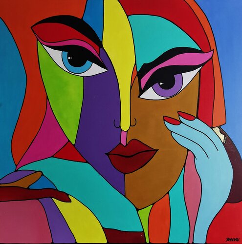 Dynamic Woman’s Portrait in Bright Dopamine Colors - Surreal Oil Painting for Joyful Interiors. van Daheaven Art, Schilderij te koop op Singulart