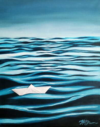 Seascape with origami paper boat - On the wave of memory. von Daheaven Art, Malerei kaufen auf Singulart