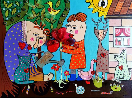 Threads of Life: Mixed Media 3D Acrylic Painting Naïve Art with Beads & Fabric. van Daheaven Art, Schilderij te koop op Singulart