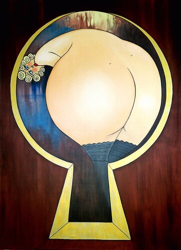 Through the Keyhole: A Portal to Curiosity Naive Oil Painting. van Daheaven Art, Schilderij te koop op Singulart