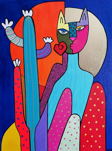 Cat in Love dopamine fauvist naïve painting. van Daheaven Art, Schilderij te koop op Singulart
