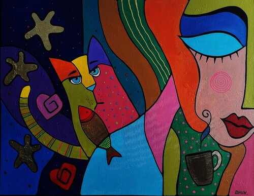 Golden Dawn Coffee Dream Fauvist Acrylic Art with Golden Accents. van Daheaven Art, Schilderij te koop op Singulart