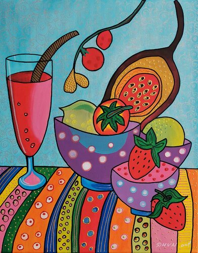 Strawberry Dopamine Dream – Fauvist Acrylic Still Life Painting. by Daheaven Art, Painting for Sale on Singulart
