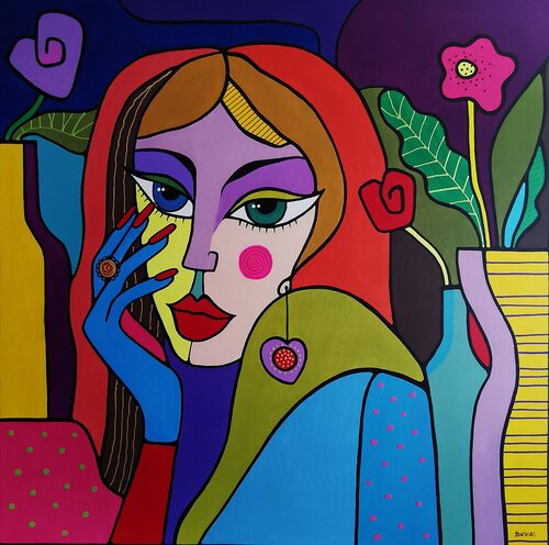 Blossom of the Soul Expressive Woman Portrait with Flowers. de Daheaven Art, Pintura a la venta en Singulart