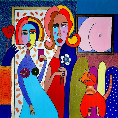 Two Women in the Art Gallery Abstract Feminine Art Fauvist and Pop Art Inspired. van Daheaven Art, Schilderij te koop op Singulart