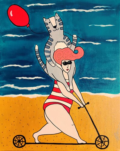Seaside Adventure Woman and Cat on a Scooter Vibrant Naive Fauvist Art. van Daheaven Art, Schilderij te koop op Singulart
