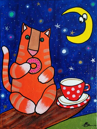Moonlit Whimsy: Cat's Delightful Donut Dream. van Daheaven Art, Schilderij te koop op Singulart