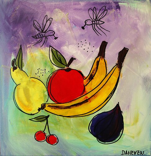Banana Symphony Colorful Still Life Naive Painting. van Daheaven Art, Schilderij te koop op Singulart