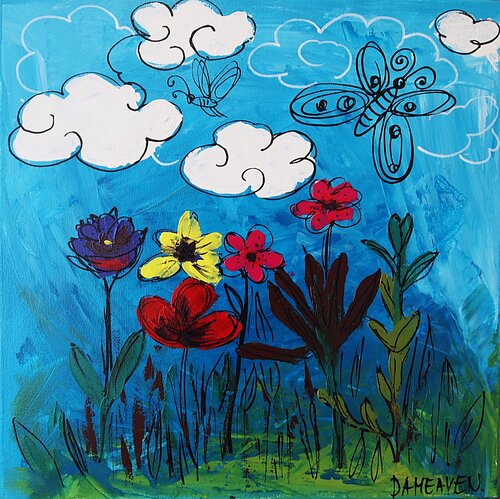Blossom Whimsy – Colorful Spring Flowers Naïve Acrylic Painting. van Daheaven Art, Schilderij te koop op Singulart