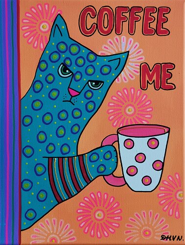 Cozy Morning Coffee Cat Naïve Acrylic Painting. van Daheaven Art, Schilderij te koop op Singulart