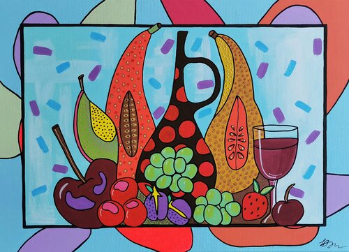 Exotic Fruit Still Life Naïve Acrylic Painting. van Daheaven Art, Schilderij te koop op Singulart