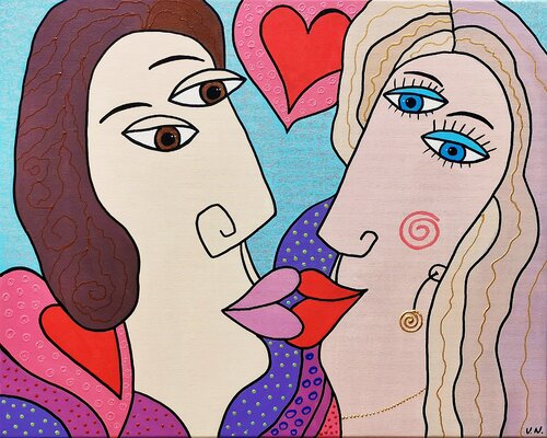 Romantic couple kisses love acrylic painting. di Daheaven Art, Pittura in vendita su Singulart