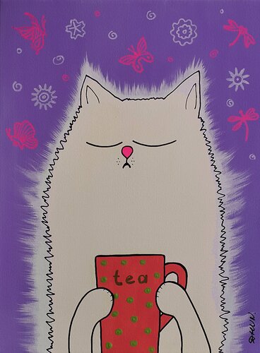 Dreamy White Cat Tea Time Naïve Painting. van Daheaven Art, Schilderij te koop op Singulart