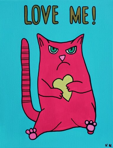 Emotional Angry Cat with Heart Naïve Acrylic Painting. van Daheaven Art, Schilderij te koop op Singulart