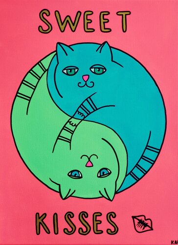 Sweet Kisses – Yin & Yang Cat Love Art. van Daheaven Art, Schilderij te koop op Singulart
