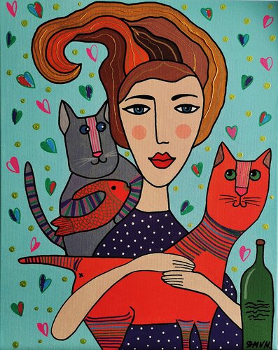 Woman with two cats. van Daheaven Art, Schilderij te koop op Singulart