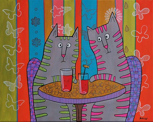 Cat Cocktail Party Naive Art. van Daheaven Art, Schilderij te koop op Singulart
