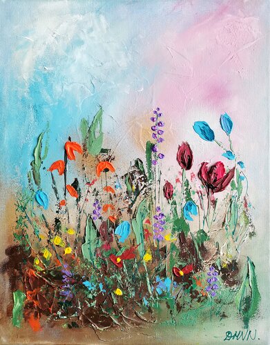 Meadow flowers abstract palette knife painting. von Daheaven Art, Malerei kaufen auf Singulart