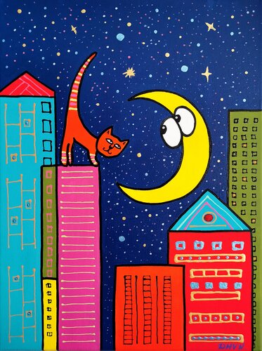 Moonlit Rooftop Rendezvous. par Daheaven Art, Peinture en vente sur Singulart