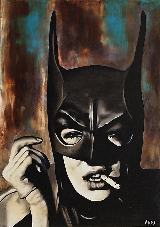 Vintage Oil Painting of Batgirl Smoking Cigarette. Daheaven Art
