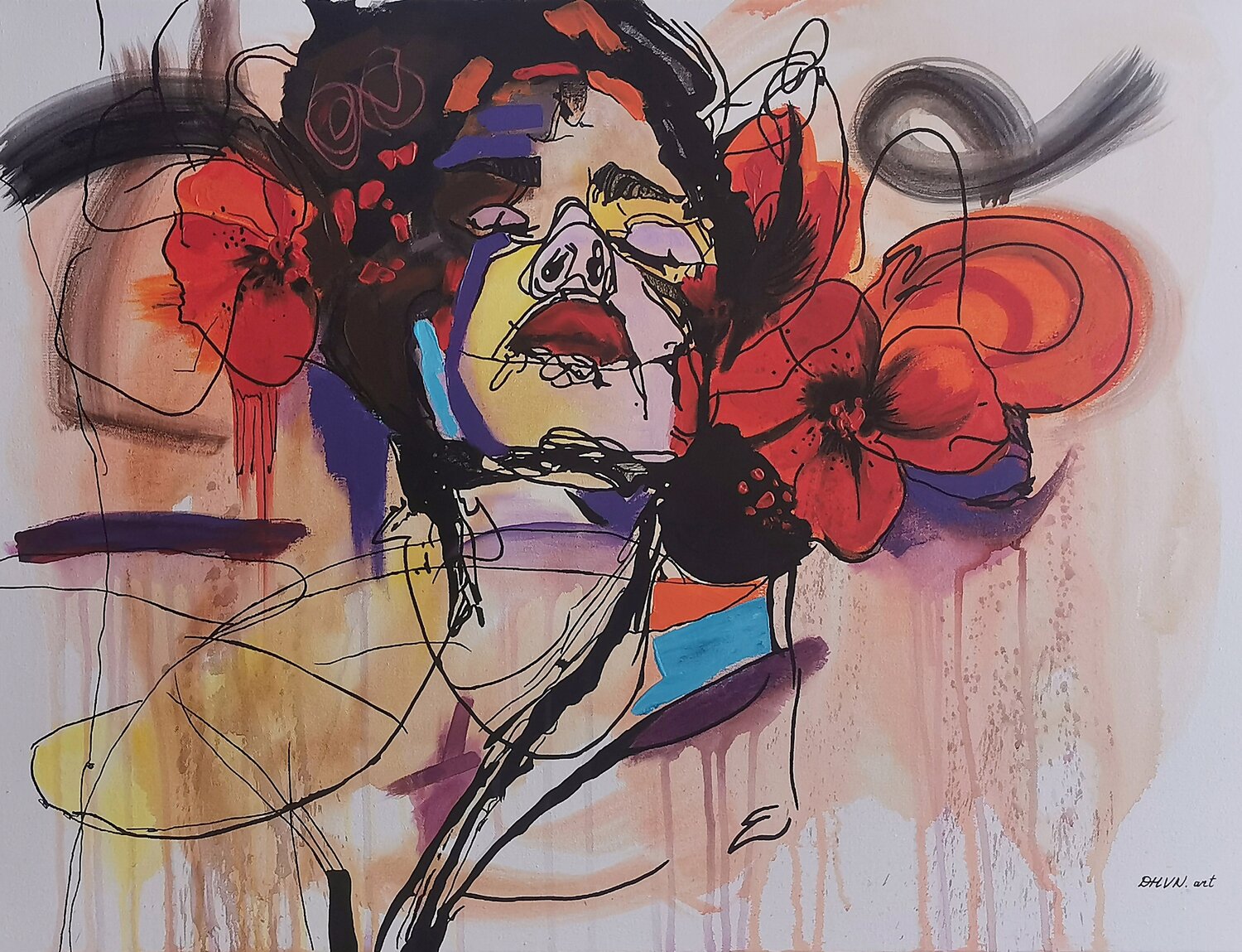 Elegant Woman with Red Flowers. Daheaven Art Dipinto originale in vendita