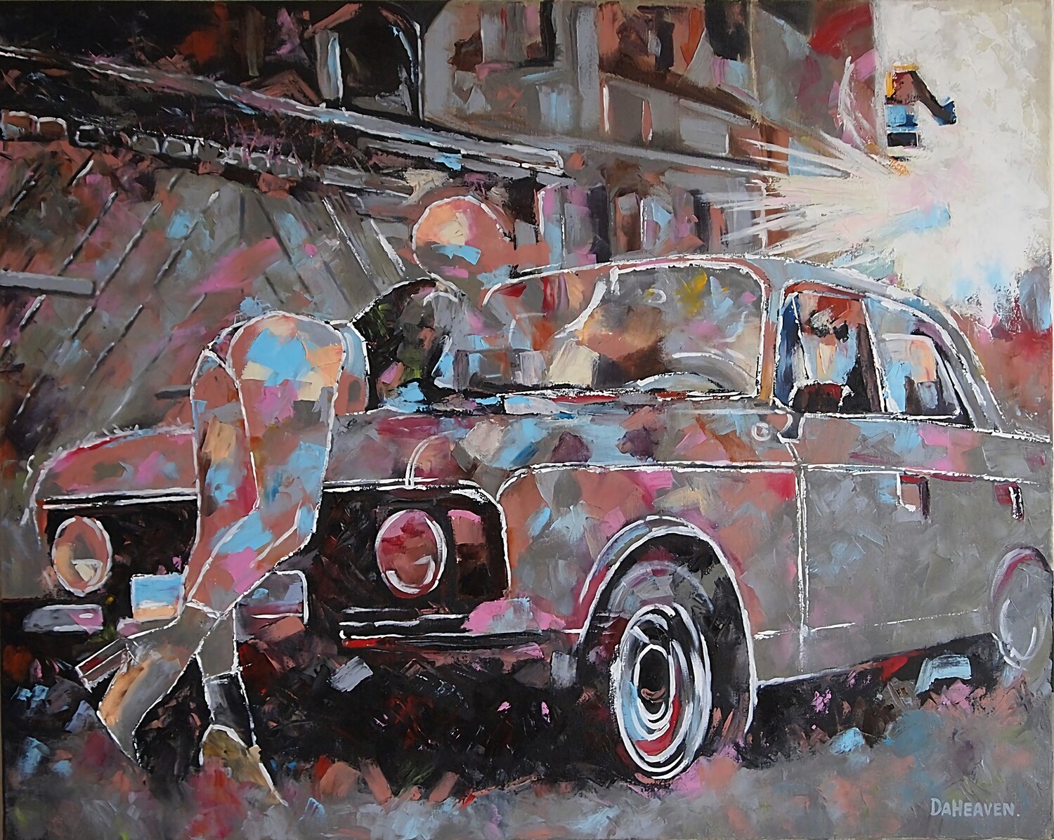 Urban Whimsy: Abstract Woman with Classic Car. Daheaven Art Originalgemälde zu verkaufen