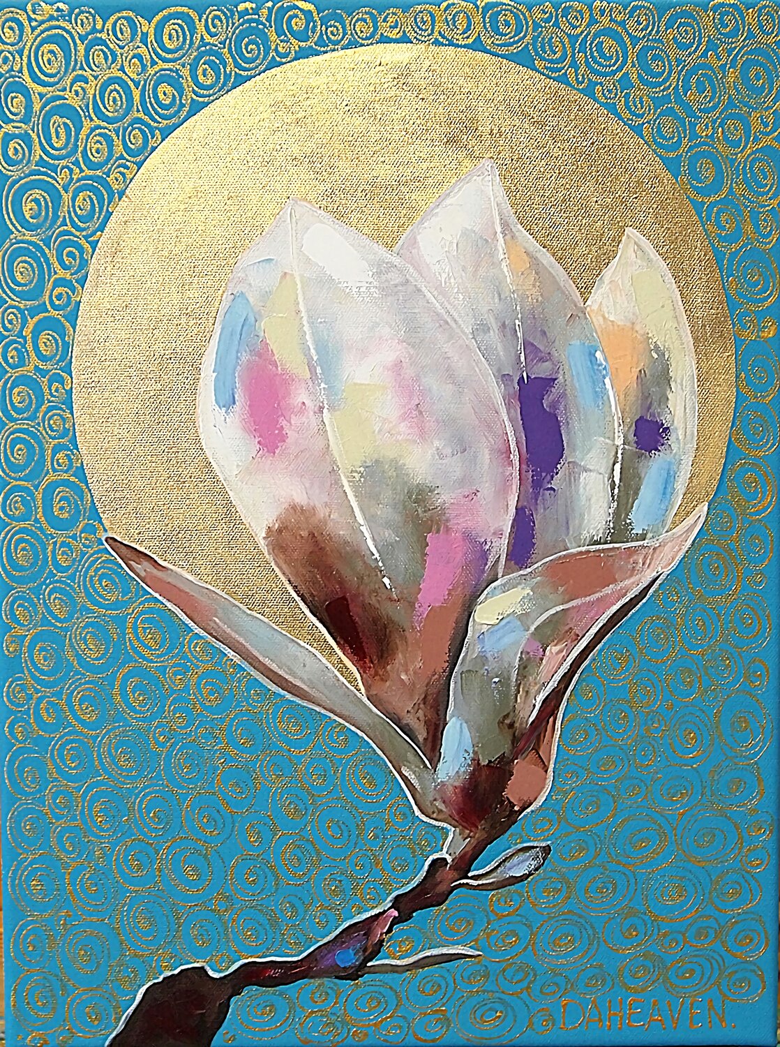 Colorful magnolia flower on the light blue background. Daheaven Art Originalgemälde zu verkaufen