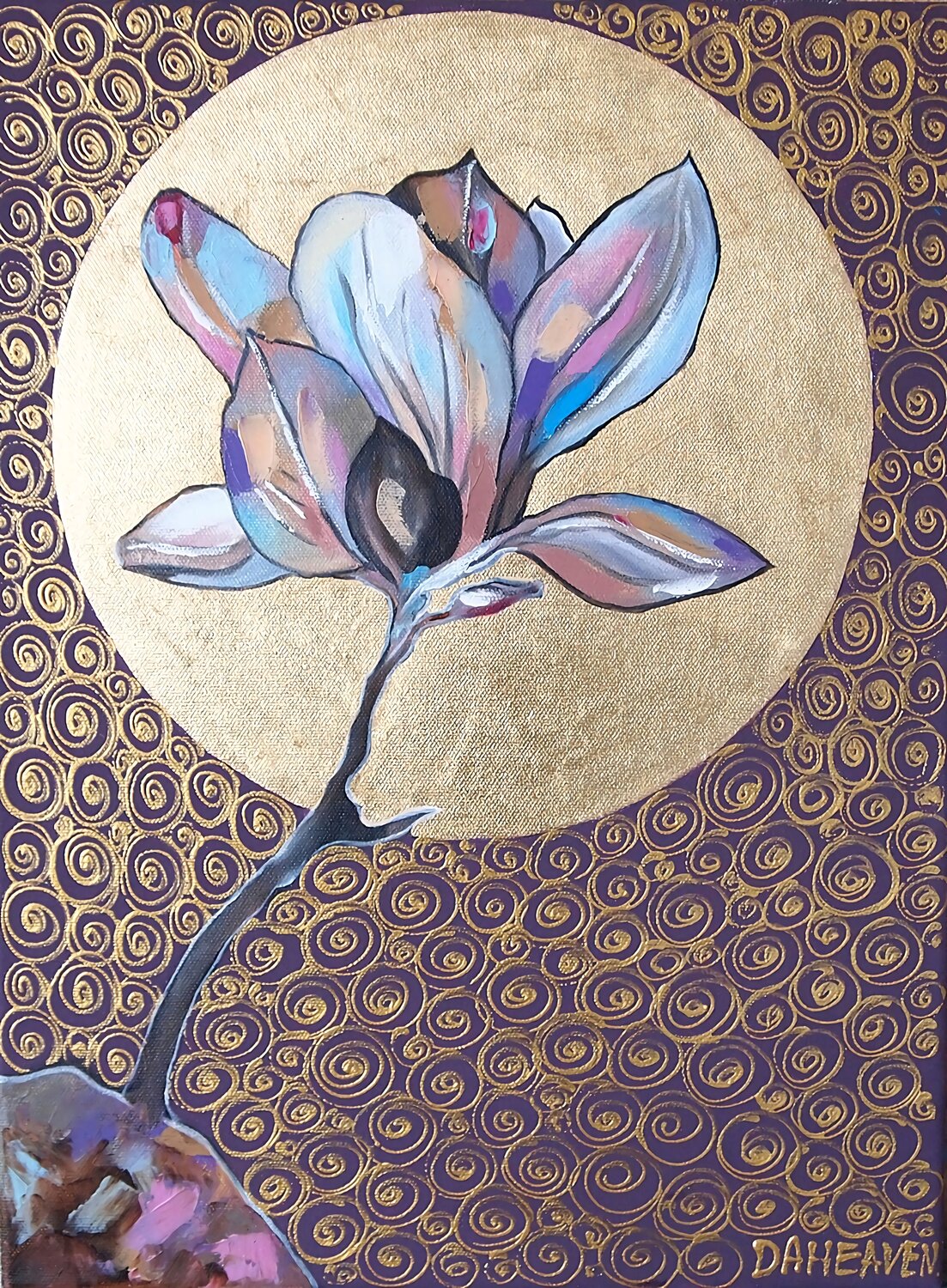 Colorful magnolia flower on the deep violet background. Daheaven Art Originalgemälde zu verkaufen