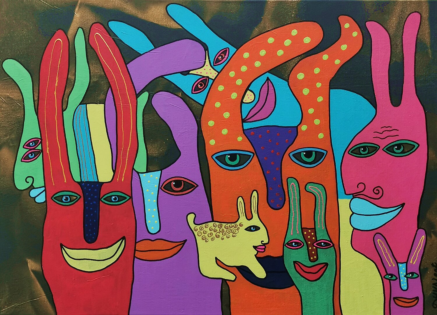 Funny Bunnies Naive Acrylic Painting. Daheaven Art Dipinto originale in vendita