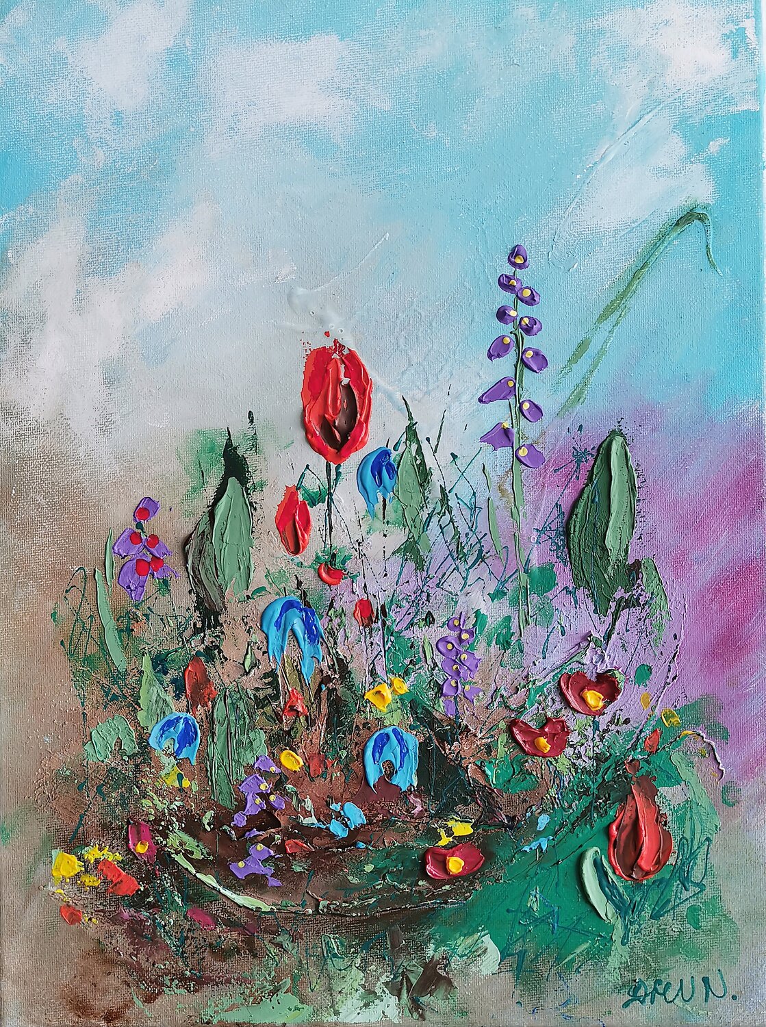 Abstract Wildflowers Textured Acrylic Painting. Daheaven Art Originalgemälde zu verkaufen