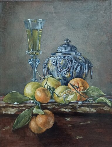 Still life a glass of white wine. van Tetyana Donets, Schilderij te koop op Singulart