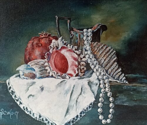 Still life with pearl beads. di Tetyana Donets, Pittura in vendita su Singulart