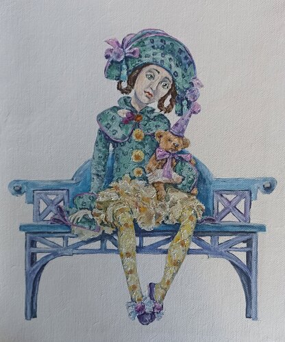 Doll on the bench with a teddy bear. van Tetyana Donets, Schilderij te koop op Singulart