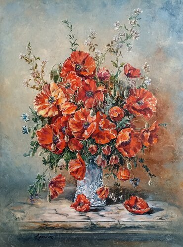Poppies in a porcelain vase. di Tetyana Donets, Pittura in vendita su Singulart